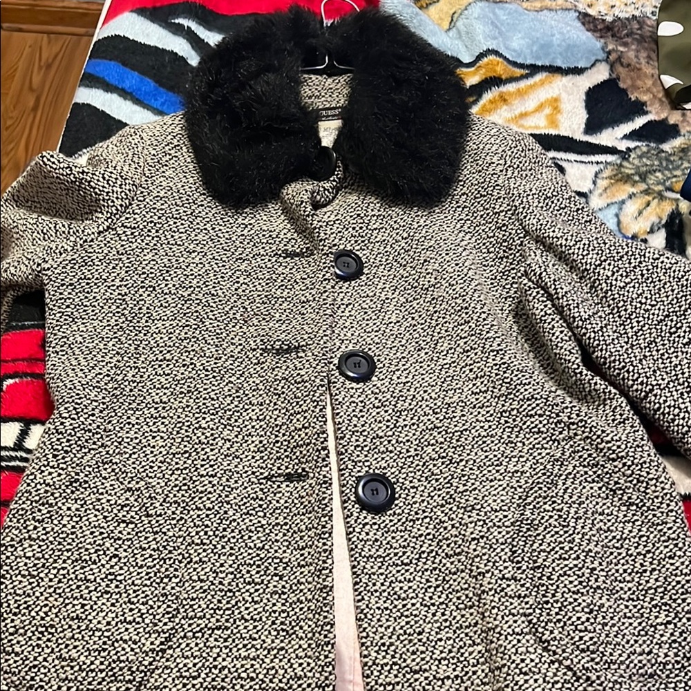 Guess Black and Gray Pea Coat with Fur Collar